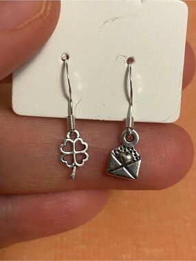 Silver Clover and Envelope Charm Drop Earrings